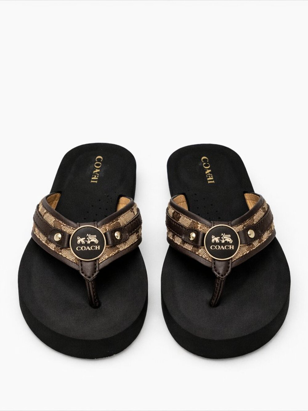 Coach Signature Platform Thong Sandals Brown Logo Leather Trim Comfort Sole SZ 7